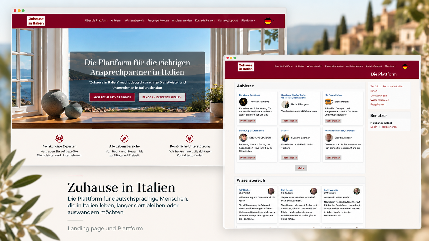 Landingpage und digitale Plattform Zuhause in Italien