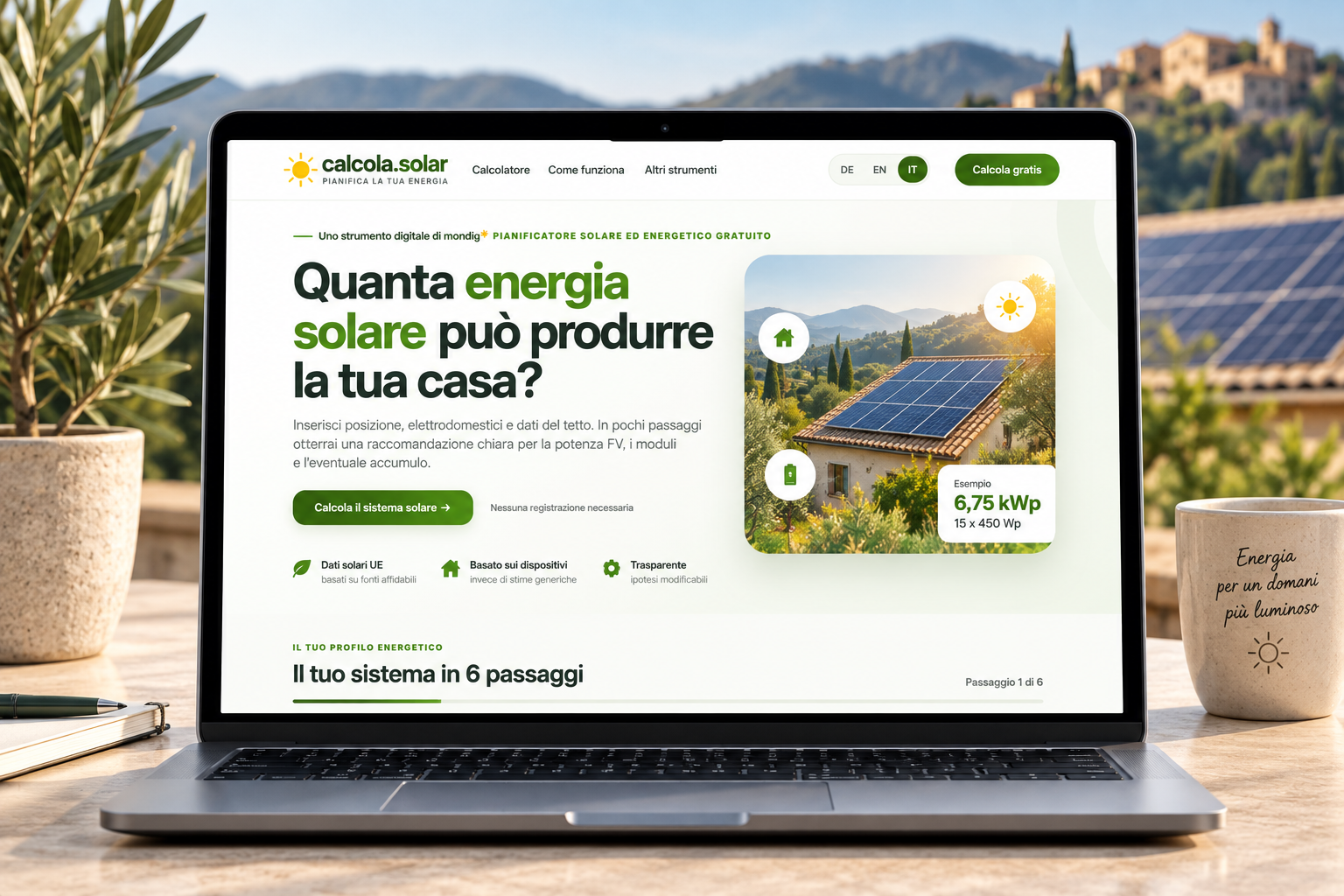 Homepage del calcolatore per impianti fotovoltaici calcola.solar visualizzata su un laptop