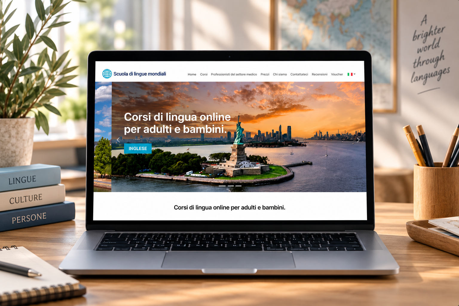 Homepage della scuola di lingue linguemondiali visualizzata su un laptop