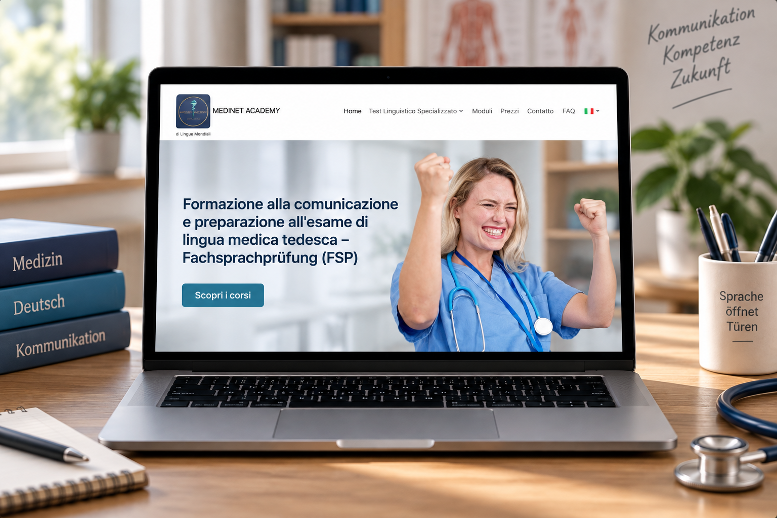 Homepage di medinet.academy per la preparazione linguistica medica visualizzata su un laptop