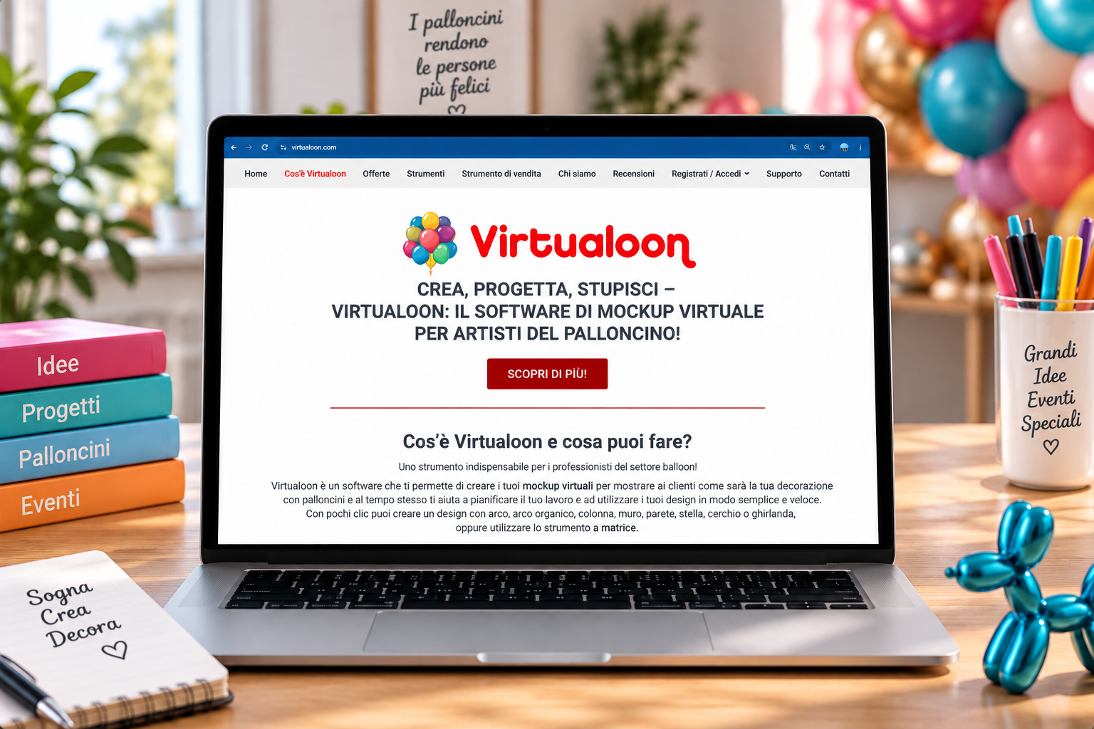 Homepage del software Virtualoon per balloon artist visualizzata su un laptop